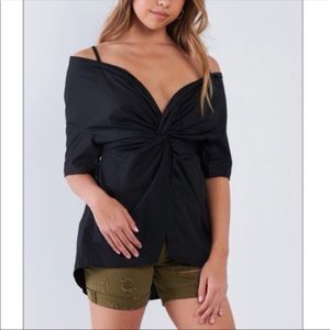🆕 Black Cold Shoulder Front Twist High Low Top